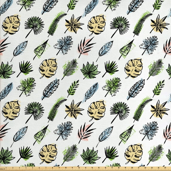 Philodendron Fabric by the Yard, Hand Drawn Tropical Leaves in Grunge, Decorative Upholstery Fabric for Chairs & Home Accents, Whitw Multicolor by Ambesonne