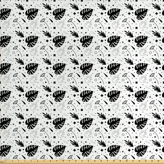 Philodendron Fabric by the Yard, Monochrome Tropical Pattern of Hawaiian Leaves and Dots Holiday Scene, Decorative Upholstery Fabric for Chairs & Home Accents, Charcoal Grey White by Ambesonne