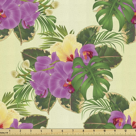 Ambesonne Philodendron Fabric by the Yard Upholstery, Orchid and Hibiscus, 1 Yard, Cream Fuchsia