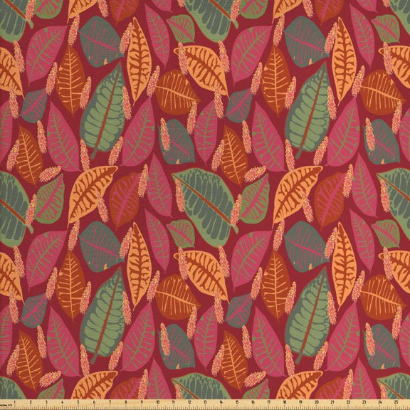 Ambesonne Philodendron Fabric by the Yard Upholstery, Autumnal Botanical, 5 Yards, Dried Rose Multicolor
