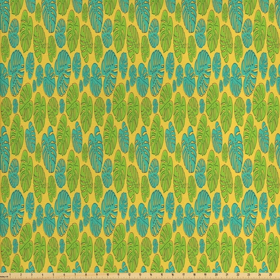 Ambesonne Philodendron Fabric by the Yard Upholstery, Modern Summer Leaves, 2 Yards, Mustard Lime Green