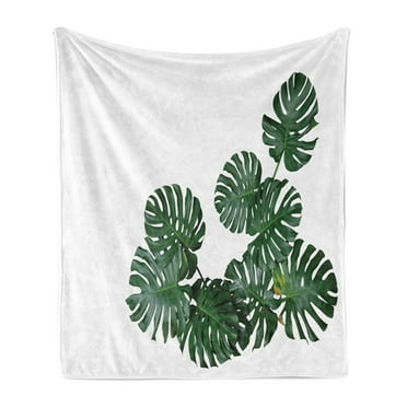 Philodendron Soft Flannel Fleece Blanket, Realistic Monstera Deliciosa Dark Green Leaves on Plain Background, Cozy Plush for Indoor and Outdoor Use, 50" x 70", Laurel Green Emerald, by Ambesonne