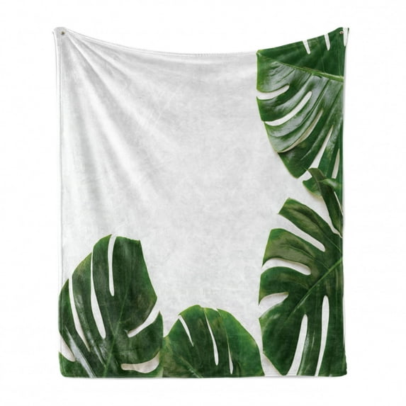 Philodendron Soft Flannel Fleece Throw Blanket, Monstera Leaf Swiss Cheese Plant Rustic Framed Photo, Cozy Plush for Indoor and Outdoor Use, 70" x 90", Emerald Pale Sage Green, by Ambesonne