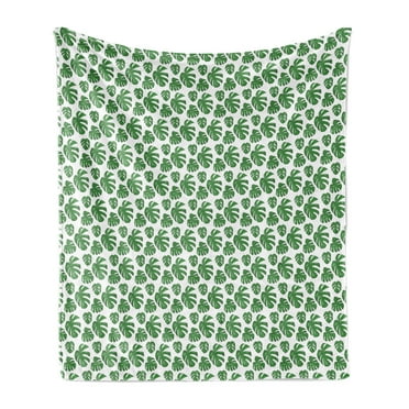 Philodendron Soft Flannel Fleece Throw Blanket, Repetitive Pattern of Detailed Drawn Tropical Leaves, Cozy Plush for Indoor and Outdoor Use, 60" x 80", Fern Green and White, by Ambesonne
