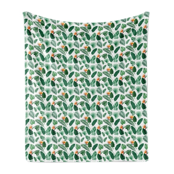 Philodendron Soft Flannel Fleece Throw Blanket, Tropical Leaves with Bird of Paradise Flower, Cozy Plush for Indoor and Outdoor Use, 50" x 60", Hunter Green Fern Green, by Ambesonne