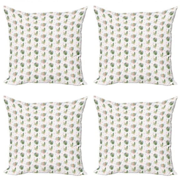 Philodendron Throw Pillow Cushion Case Pack of 4, Summer Tropic Pattern Leaves and Petals, Modern Accent Double-Sided Print, 4 Sizes, Reseda Green Blush, by Ambesonne
