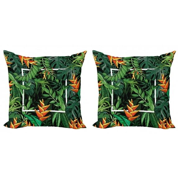 Philodendron Throw Pillow Cushion Cover Pack of 2, Tropical Jungle with a Modernistic Square Image Botanical Details, Zippered Double-Side Digital Print, 4 Sizes, Lime Green Jade Green, by Ambesonne