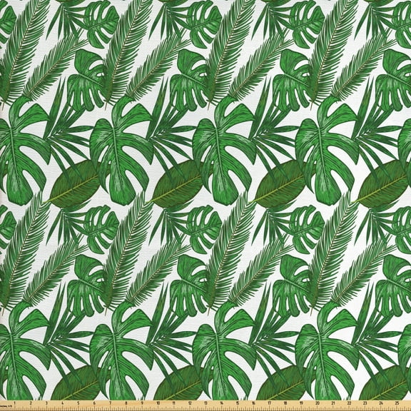 Ambesonne Philodendron Fabric by the Yard Upholstery, Summer Tropical Jungle, 2 Yards, Fern Green Olive Green