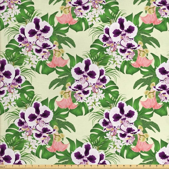 Ambesonne Philodendron Fabric by the Yard Upholstery, Exotic Floral Bouquet, 5 Yards, Pale Yellow Multicolor