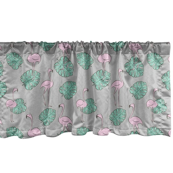 Philodendron Window Valance, Continuous Cartoon Style Pattern of Flamingos and Exotic Leaves, Curtain Valance for Kitchen Bedroom Decor with Rod Pocket, 54" X 12", Grey Multicolor, by Ambesonne