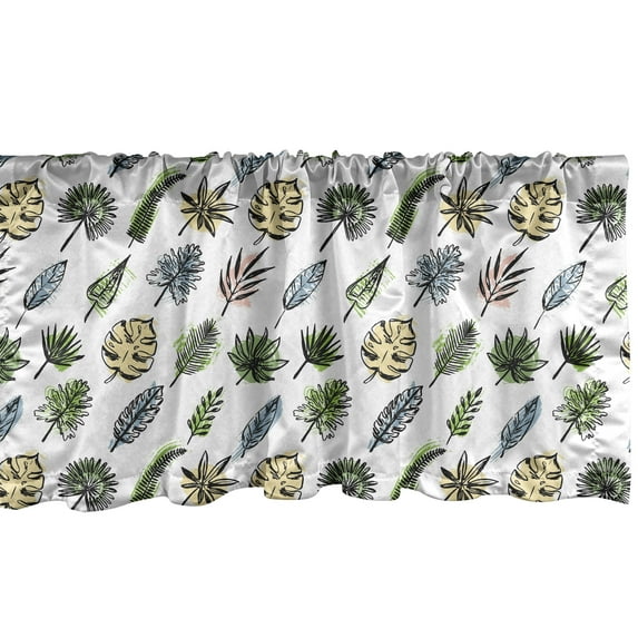 Philodendron Window Valance, Hand Drawn Tropical Leaves in Grunge, Curtain Valance for Kitchen Bedroom Decor with Rod Pocket, 54" X 12", Whitw Multicolor, by Ambesonne