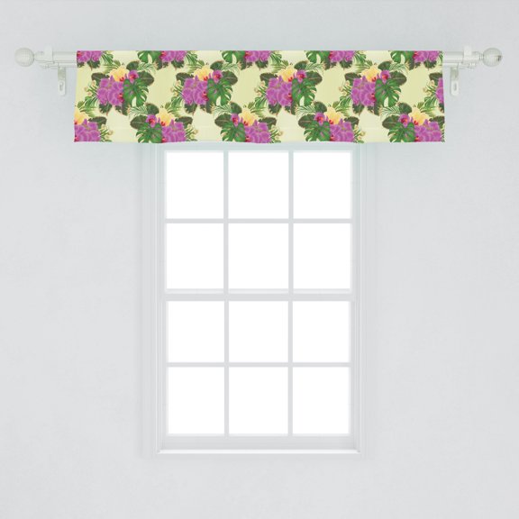 Ambesonne Philodendron Window Valance, Orchid and Hibiscus, 54" X 12", Cream Fuchsia