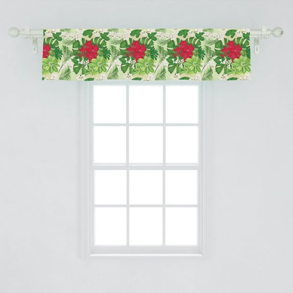 Philodendron Window Valance, Rhythmic Vivid Bouquet of Mixed Tropical Colorful Flowers, Curtain Valance for Kitchen Bedroom Decor with Rod Pocket, 54" X 12", Pale Green Dark Pink, by Ambesonne