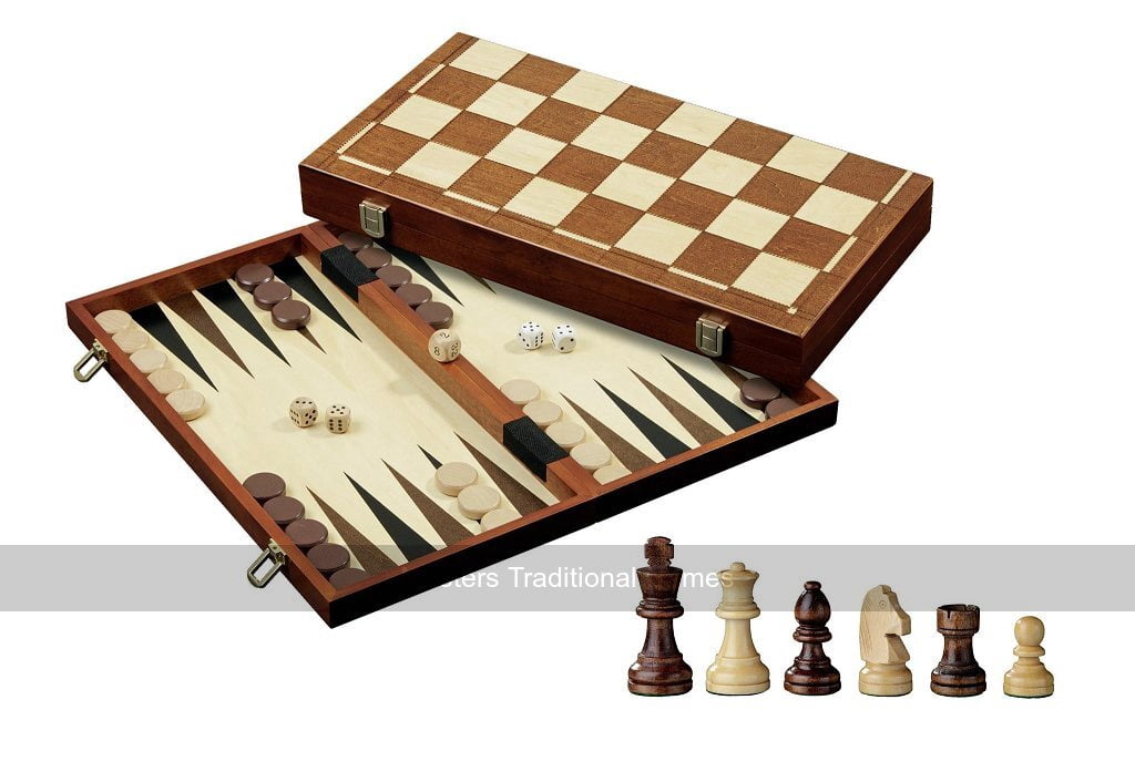 Philos 3-in-1 Magnetic Game Compendium - Chess, Backgammon & Checkers In Wooden Case, 40cm Foldable Board