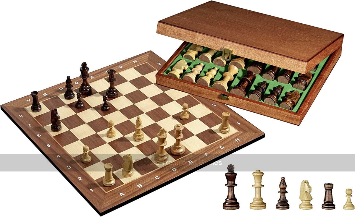 Master Of Chess Tournament Wooden Chess Set - Weighted Staunton Pieces, Mahogany & Sycamore Inlaid Board, 38cm, Travel Case Included