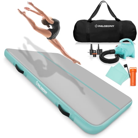 Philosophy Gym 10' Deluxe Air Tumble Mat - 78" Wide Inflatable Track for Gymnastics, Includes Electric Pump, Mint
