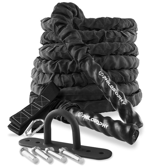 Philosophy Gym 50 Foot Exercise Battle Rope 1.5 Inch Diameter with Cover and Anchor Kit