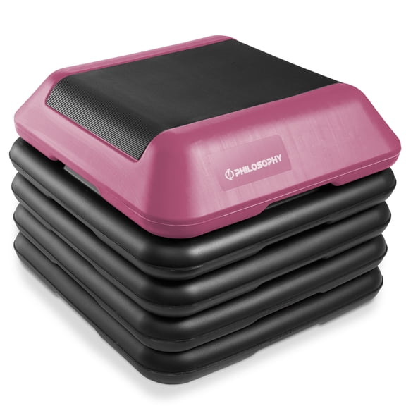 Philosophy Gym Aerobic High Step Platform with Adjustable Height and 4 Risers, 16" x 16" - Pink