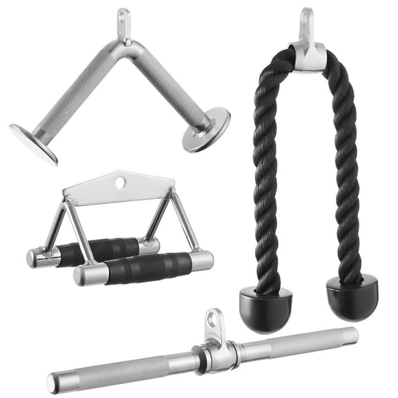 Philosophy Gym Cable LAT Pulldown Attachment 4 Piece Set Includes: Tricep Rope, Double D, Straight Bar, V Bar