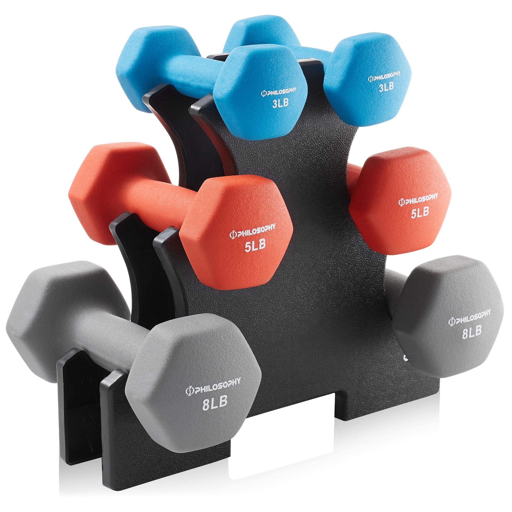 Philosophy Gym Neoprene Dumbbell Hand Weights with Stand, 32 lbs (3 lb, 5 lb, 8 lb Pairs)