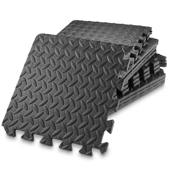Philosophy Gym Pack of 12 Exercise Flooring Mats - 12 x 12 Inch Foam Rubber Interlocking Puzzle Floor Tiles - Black