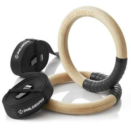 Philosophy Gym Wood Gymnastic Rings 1" - Exercise Ring Set Grip with Adjustable Straps, Grip Tape for Pull Ups, Dips, Muscle Ups