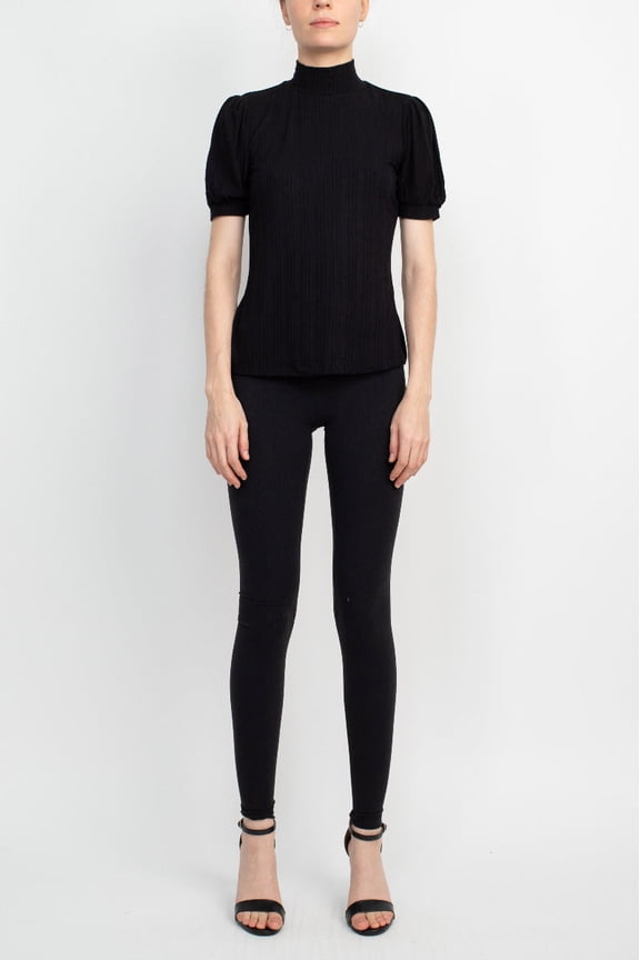 Mock Neck Short Sleeve Top-BLACK / XS