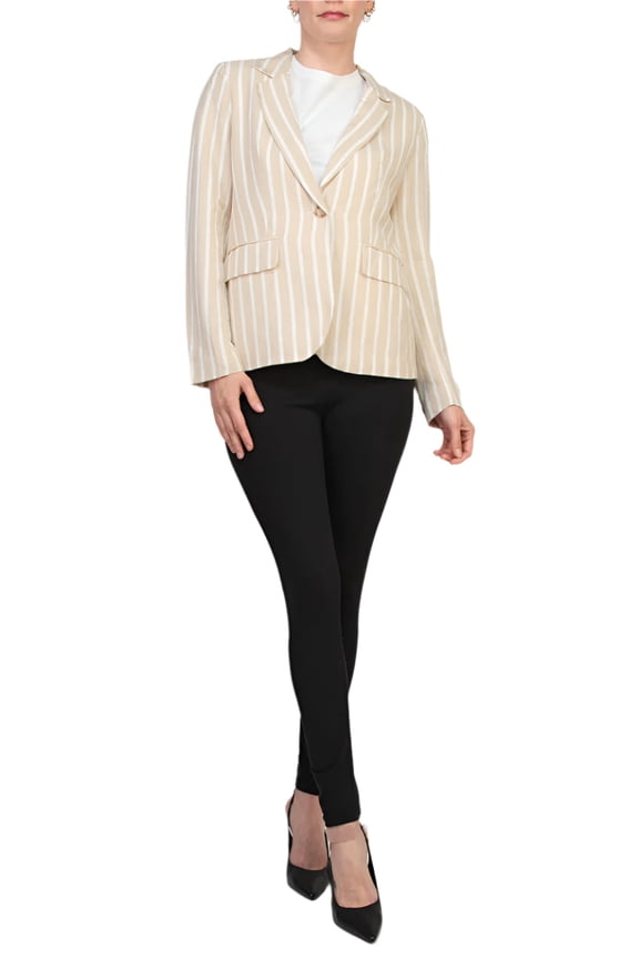 One Button Closure Stripe Pattern Notched Collar Long Sleeve Linen Cotton Blend Blazer Color: TAN STRIPE, Size: XXL