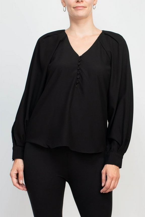 V-neck cuffed long sleeve button closure front solid stretch crepe top-BLACK / S