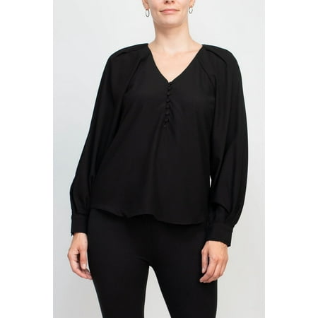 Philosophy V-neck cuffed long sleeve button closure front solid stretch crepe top-OYSTER WHITE / S