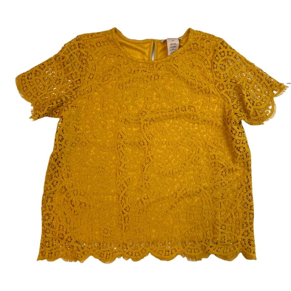 Philosophy Women's Short Sleeve Scoop Neck Lace Top W/ Lining (Mustard, L)