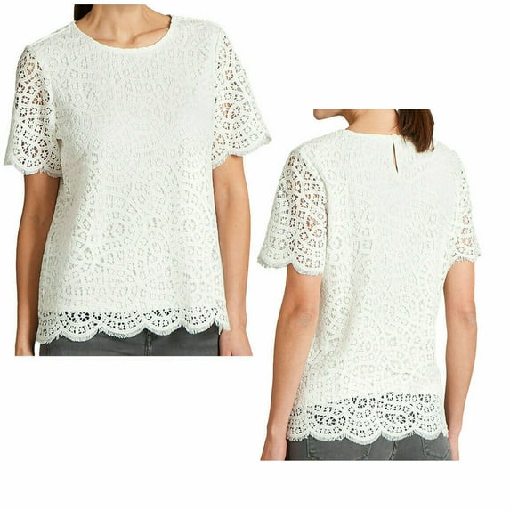 Philosophy Women's Short Sleeve Scoop Neck Lace Top W/ Lining (White, L)