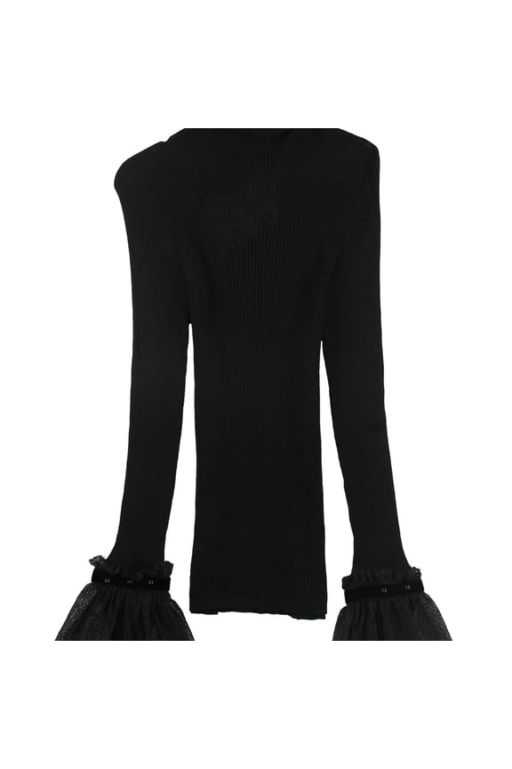 Womens Lace Cuff Pullover Sweater, Black, 8