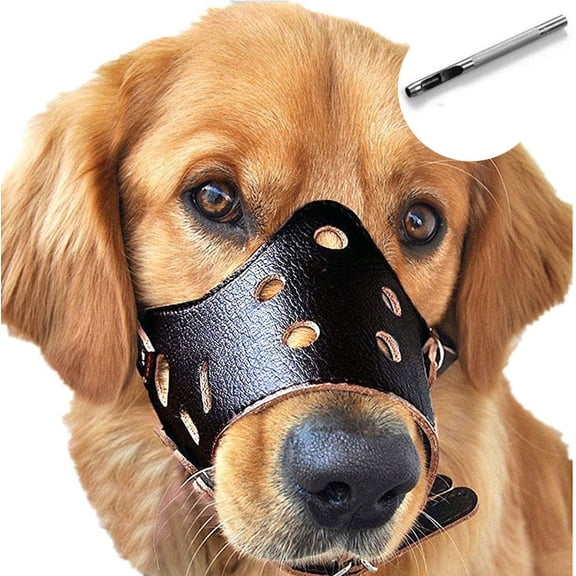 Philowng Dog Muzzle Leather, Soft Secure Anti-Barking Leather Muzzle for Large Sized Dogs to Prevent Biting, Breathable and Adjustable, Allows Drinking and Panting, Used with Collars
