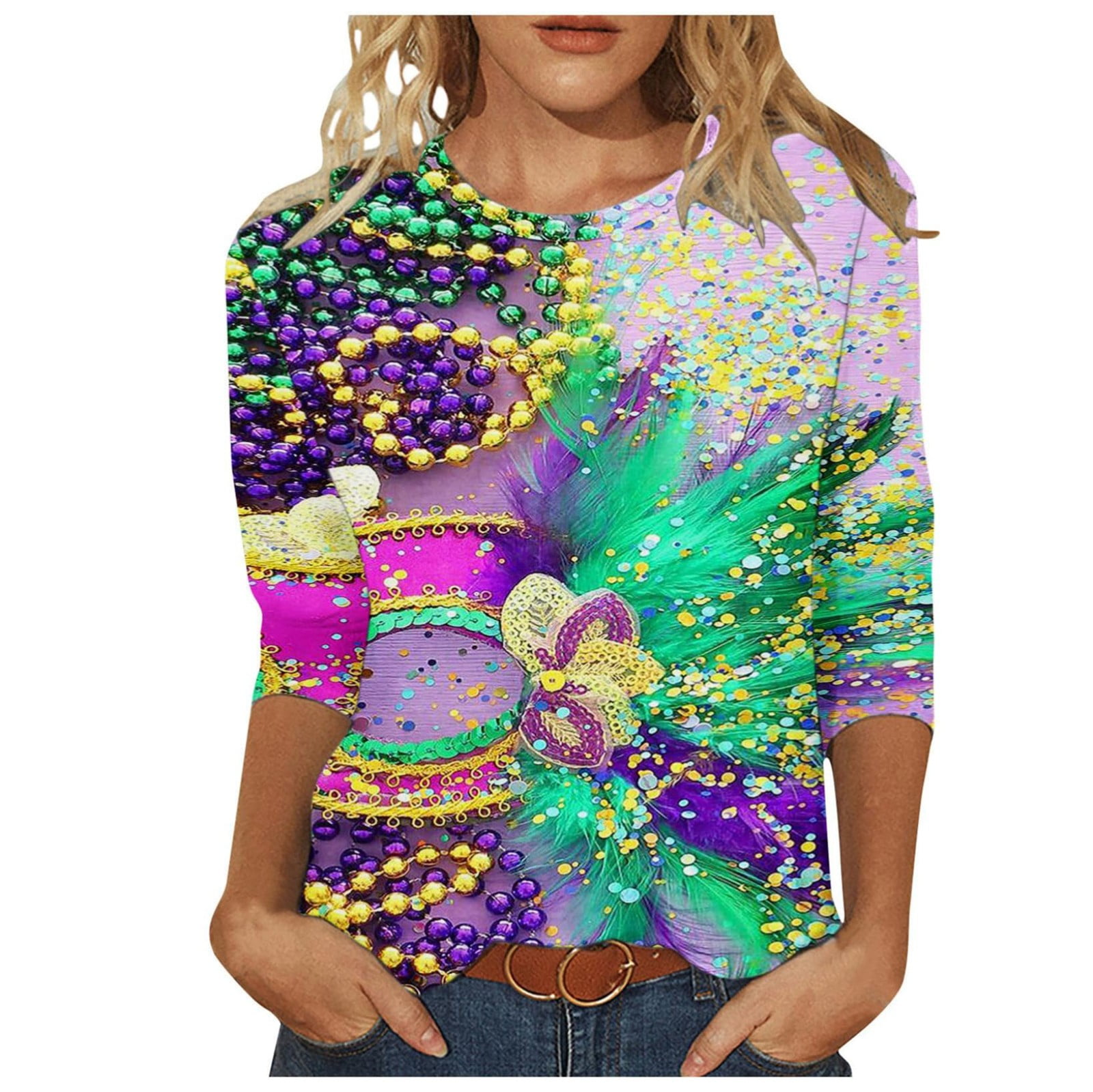 Phina Mardi Gras Shirts for Women 3/4 Sleeve Graphic Blouse Themed Tees ...