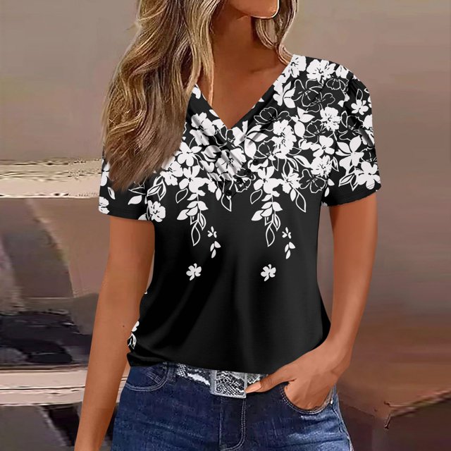 Phina Summer Tops for Women 2024 Floral TShirts V Neck Short Sleeve