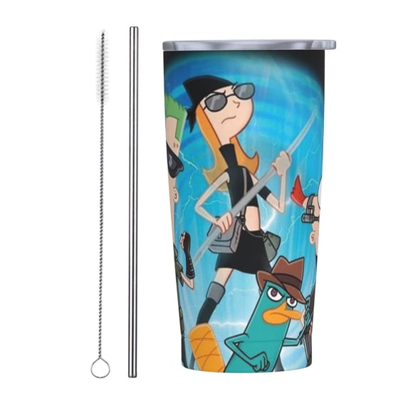 Phineas And Ferb Car Cup With Straw 20oz Stainless Steel Tumbler Push-Pull Lid Sports Water Bottle Insulated Travel Cup