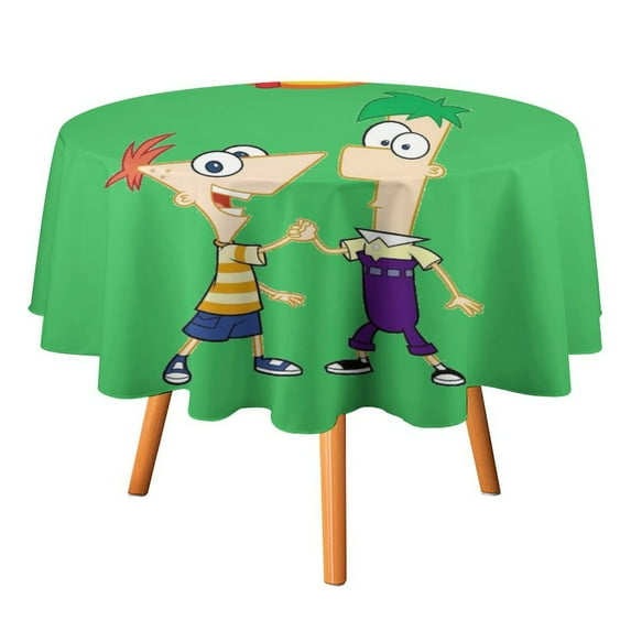 Phineas And Ferb Round Tablecloth Print Decorative Table Cover Washable Table Cloths for Dining Party Picnic 60x60in