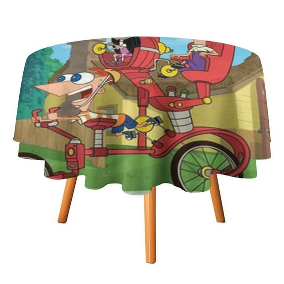 Phineas And Ferb Round Tablecloth Print Decorative Table Cover Washable Table Cloths for Dining Party Picnic 70x70in