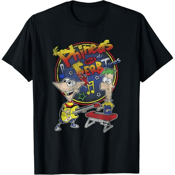 Phineas And Ferb T-shirt-Tones Distressed Band Logo T-Shirt Cotton Short Sleeve Crew Neck Soft T-shirt