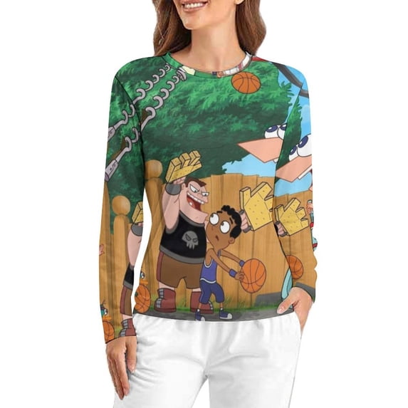 Phineas And Ferb Women’s Pajama Top 3D Digital Print Sleepwear Trendy Crewneck Pullovers Long Sleeve Shirts 3XL