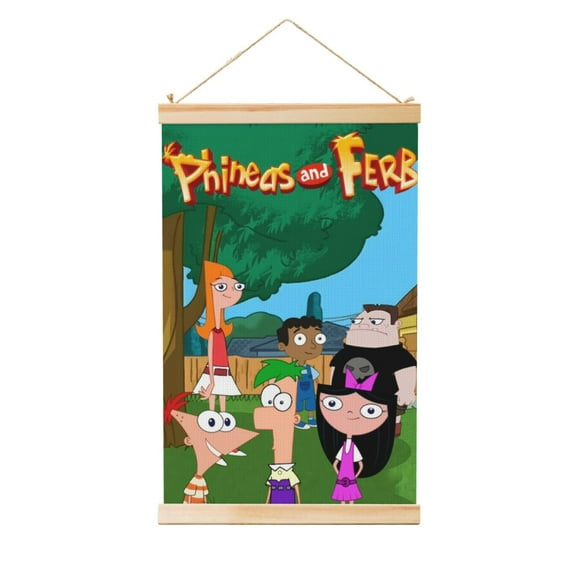 Phineas And Ferb Wooden Shaft Hanging Poster Home Decor Poster Wall Art Painting For Living Room Bedroom 36"X24"