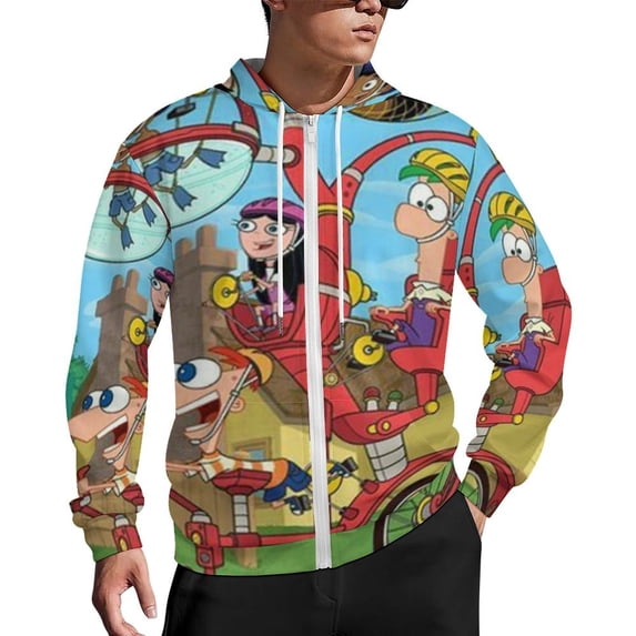 Phineas And Ferb Zip Up Hoodies Unisex Realistic 3D Print Sweatshirt Long Sleeve Hooded Jacket Coat 4XL