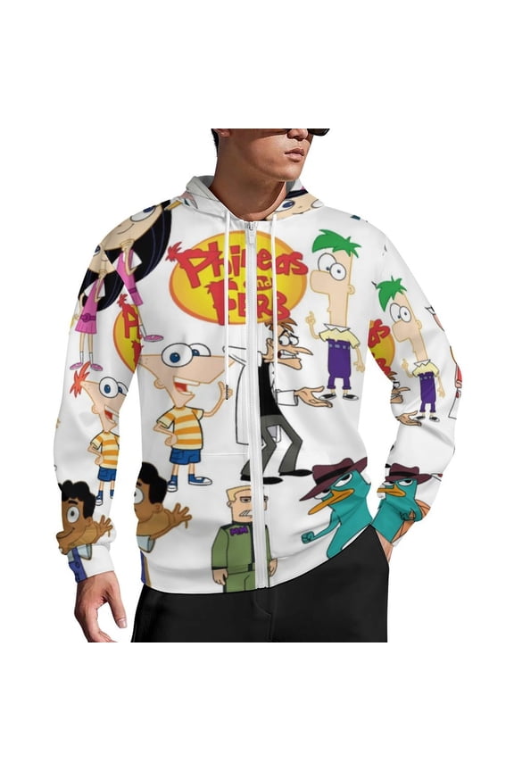 Phineas And Ferb Zip Up Hoodies Unisex Realistic 3D Print Sweatshirt Long Sleeve Hooded Jacket Coat 5XL