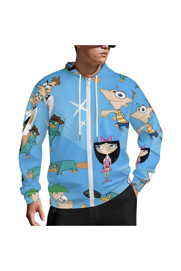 Phineas And Ferb Zip Up Hoodies Unisex Realistic 3D Print Sweatshirt Long Sleeve Hooded Jacket Coat L