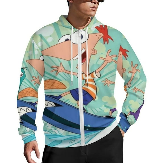 Phineas And Ferb Zip Up Hoodies Unisex Realistic 3D Print Sweatshirt Long Sleeve Hooded Jacket Coat XL