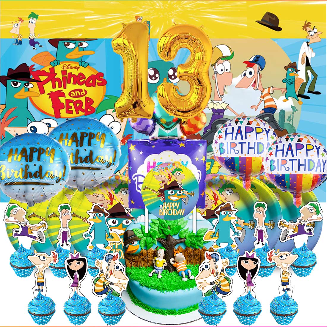 Phineas and Ferb 13th Tableware Balloons Cake Toppers Backdrop Banner ...