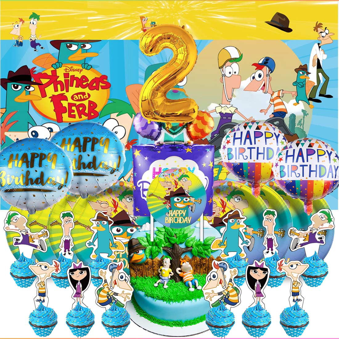 Phineas and Ferb 2nd Tableware Balloons Cake Toppers Backdrop Banner ...
