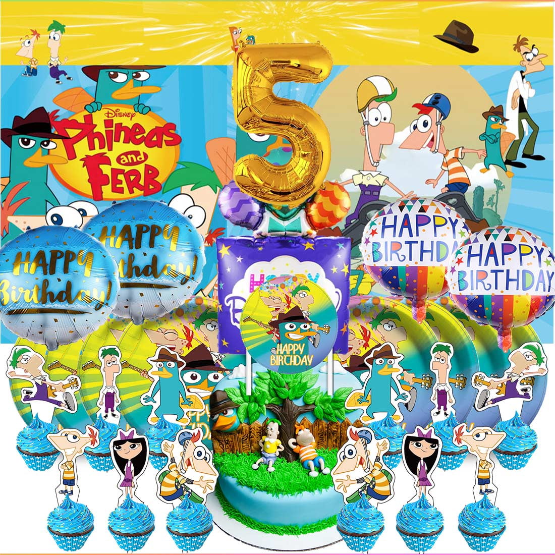 Phineas and Ferb 5th Tableware Balloons Cake Toppers Backdrop Banner ...