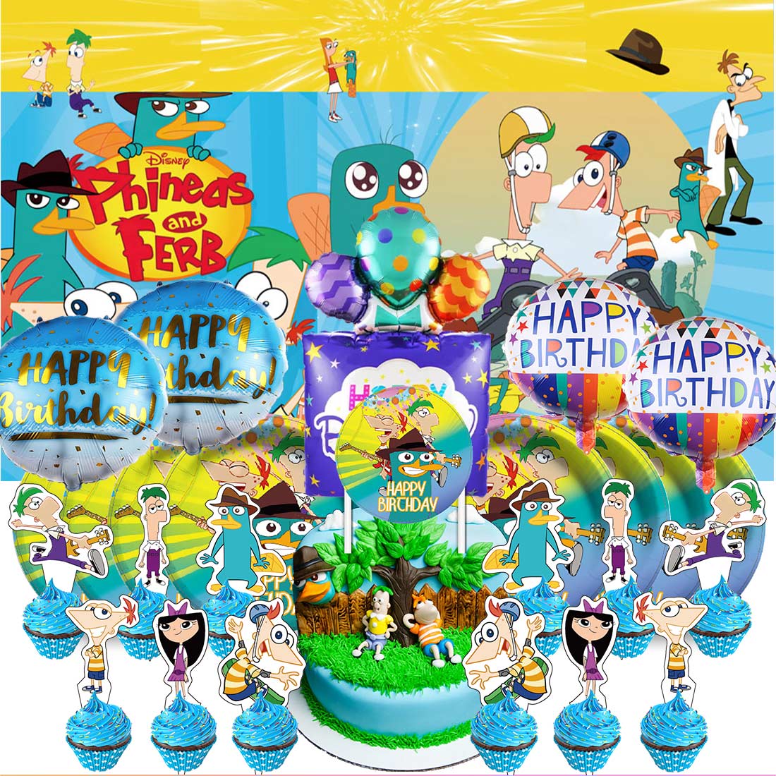 Phineas and Ferb Supplies Plates Decoration Backdrop Banner Birthday ...
